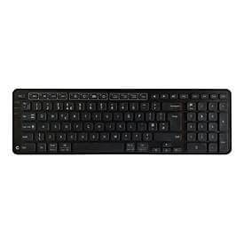 Wireless black keyboard with a sleek design, featuring low-profile keys, a UK layout, and a compact form ideal for ergonomic use.