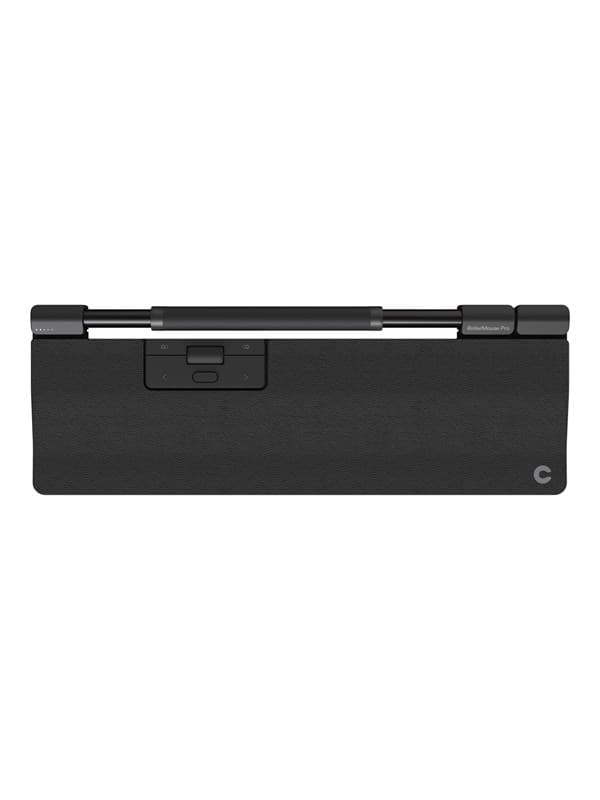 Black vegan leather Contour RollerMouse Pro features a sleek design with a central roller bar, buttons for control, and a modern logo on the side, suitable for ergonomic use.