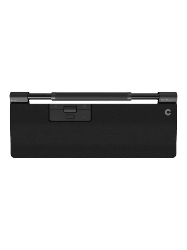 Contour RollerMouse Pro in black with a sleek design, featuring a central roller bar, buttons for navigation, and a rechargeable battery, designed for ergonomic use.
