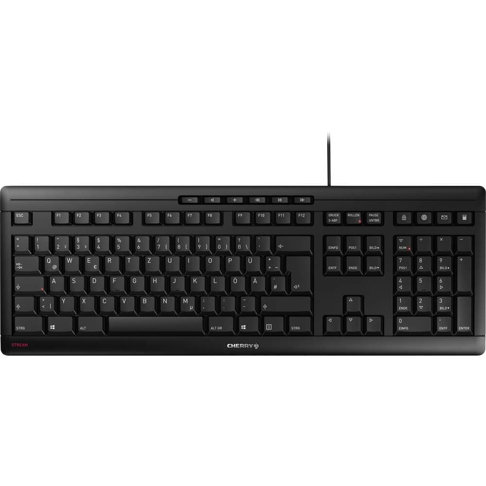 Black USB QWERTZ keyboard with a sleek design, featuring Cherry branding, standard key layout, and multimedia function keys for office use.