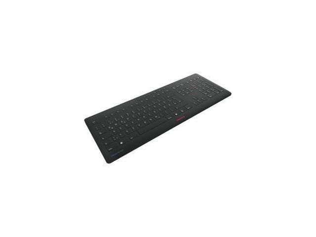 Black Cherry CHERRY STREAM Protect Wireless Keyboard featuring a sleek design, low-profile keys, and a red accent on the function row for easy access to multimedia controls.