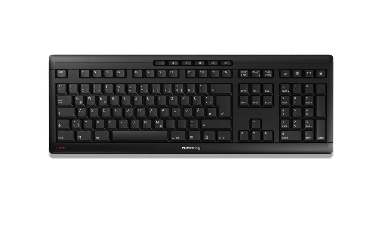 Black Cherry JK-8550DE-2 wireless keyboard featuring a German QWERTZ layout, sleek design, low-profile keys, and multimedia function keys.