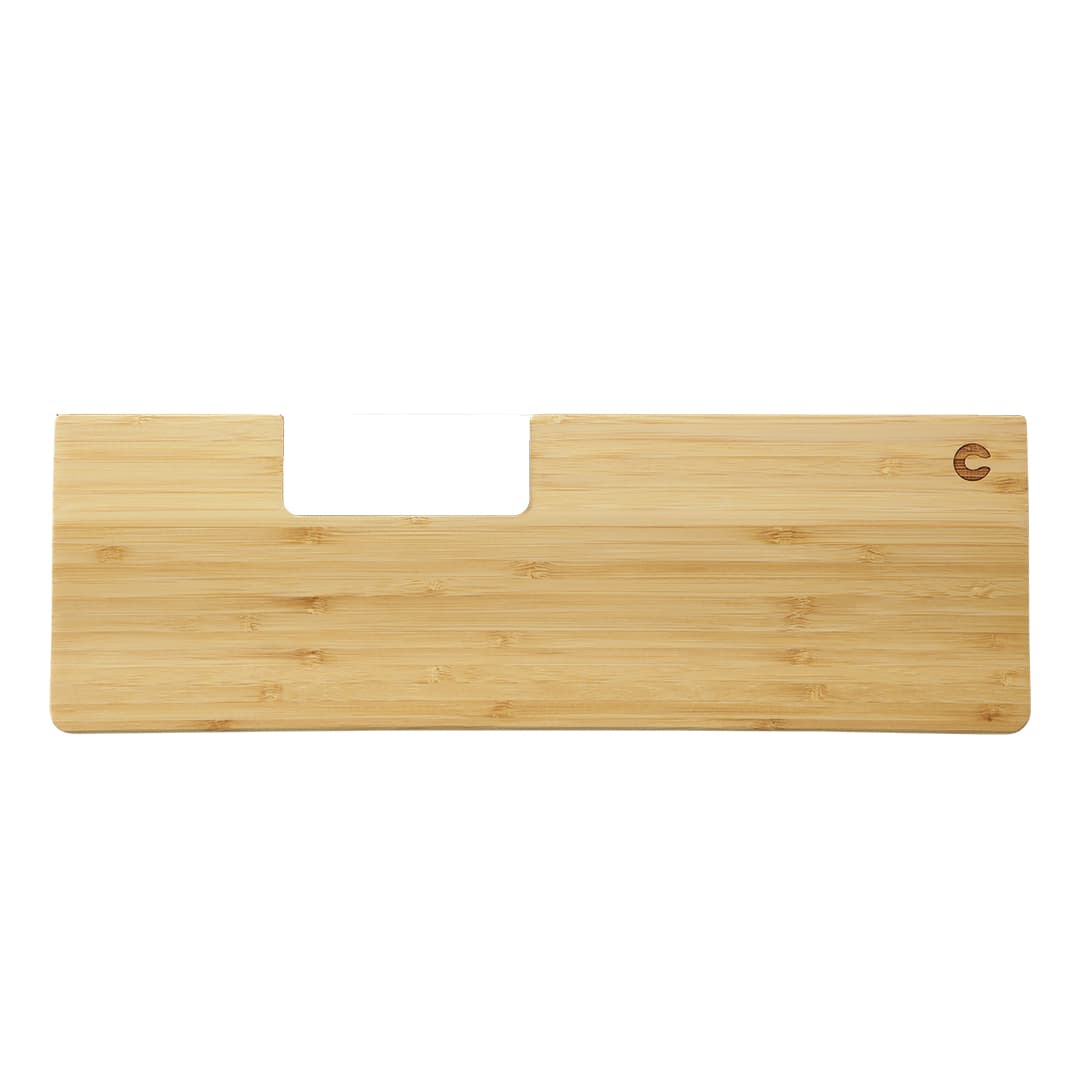 Natural bamboo wrist rest with a smooth surface, featuring a cutout section for comfort and a small logo in the corner, designed for ergonomic support during typing.