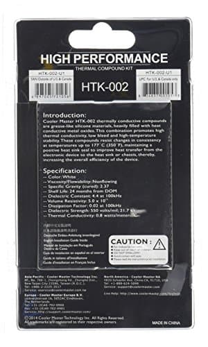 Cooler Master HTK-002 thermal paste package with a black background, featuring white text and a caution symbol, highlighting its high-performance thermal conductivity of 4.5 W/m·K.