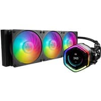 Black Cooler Master liquid cooler with three RGB fans and hexagonal pump head with illuminated logo.