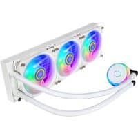 White Cooler Master liquid cooler with three RGB fans and circular pump head with logo.