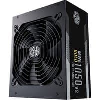 Black Cooler Master MWE Gold 1050 V2 power supply unit with large fan and modular cable ports.
