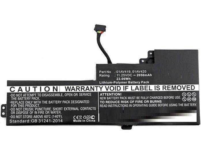 CoreParts 01AV421-CP laptop battery, featuring a black rectangular casing, labeled with safety warnings and specifications, including a connector cable at one end.