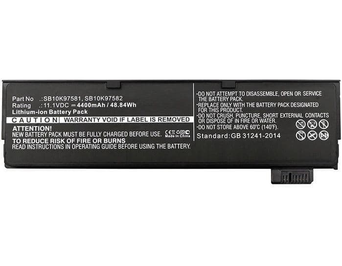 Black lithium-ion laptop battery with a 4400mAh capacity, featuring caution labels and specifications, including part number SB1K97581 and a voltage rating of 11.1V.