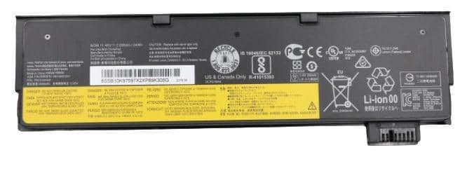 Black lithium-ion laptop battery with a yellow label detailing specifications, safety certifications, and connector port, designed for CoreParts model 01AV452-CP.