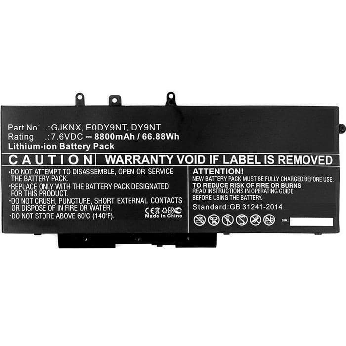 CoreParts 0C7J70-CP laptop battery in black, featuring caution labels, specifications including 7.6VDC and 8800mAh, with a warning about warranty void if label is removed.
