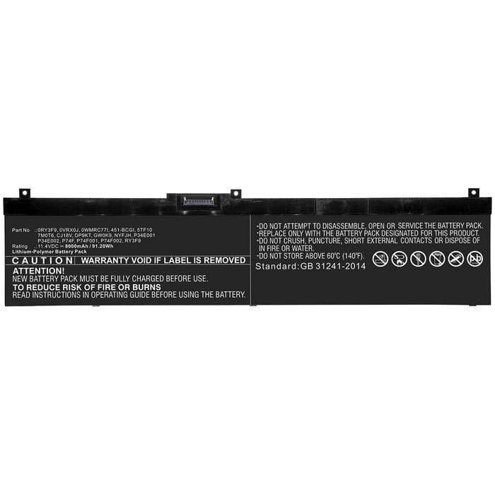 CoreParts 0WMRC-CP laptop battery, black rectangular shape with printed caution labels, connectors on one end, and specifications detailed on the surface.
