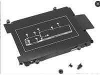 Black metal HDD/SSD caddy with a diagram printed on top, featuring mounting holes and screws for secure installation in laptops.