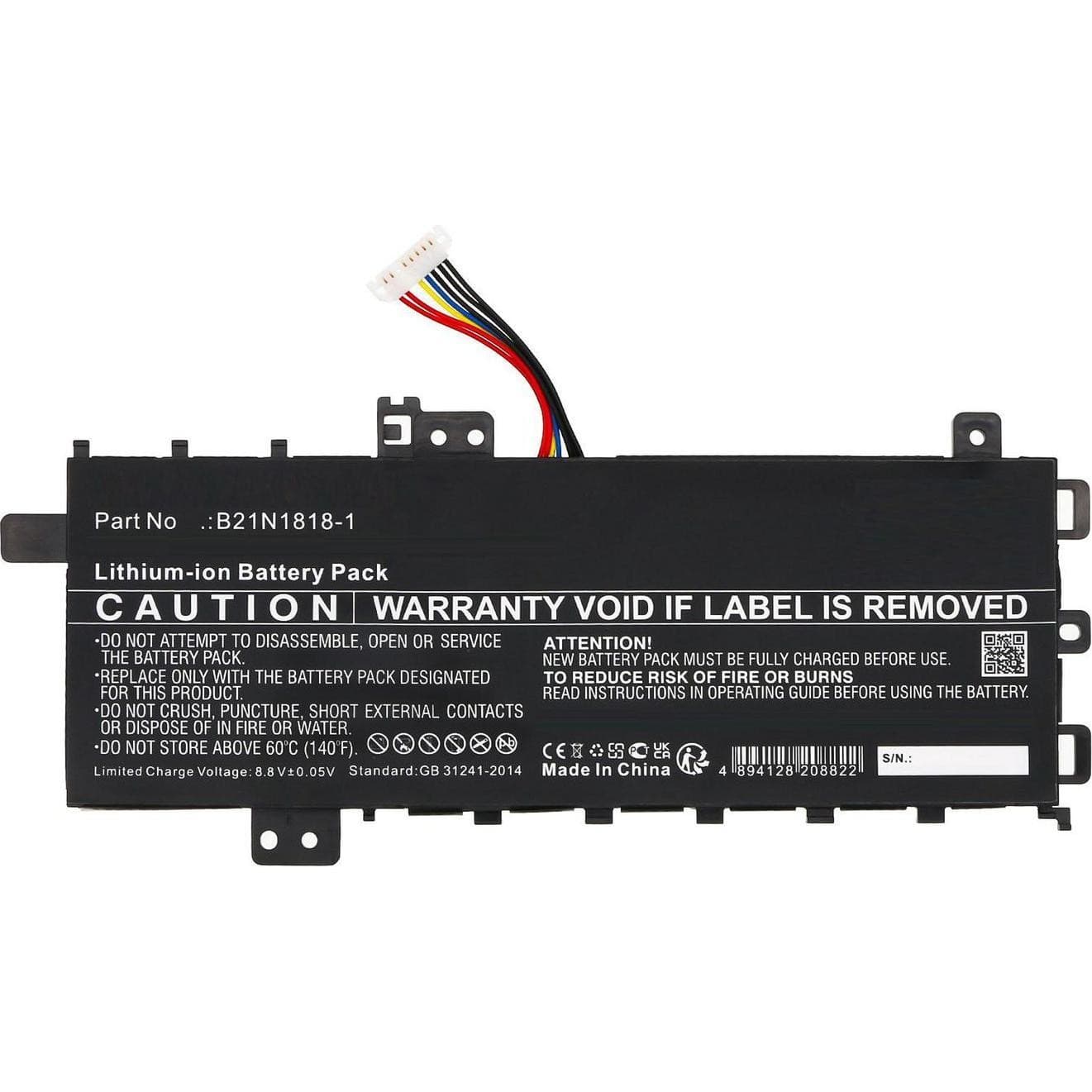 Black lithium-ion battery pack with multiple wires, labeled "CoreParts Lpop Ery for Sus," featuring a caution notice and part number B21N1818-1.