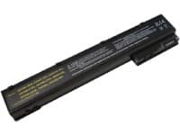 Black laptop battery with a rectangular shape, featuring a connector on one end and printed specifications on the surface, designed as a spare part for laptops.