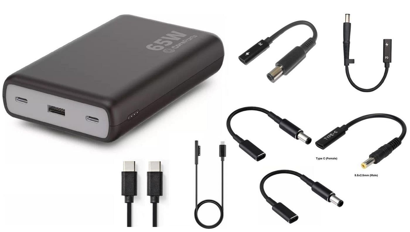 Black CoreParts MBX-PB007 power bank with a sleek design, featuring two USB-C ports, one USB-A port, and included cables for versatile charging options.