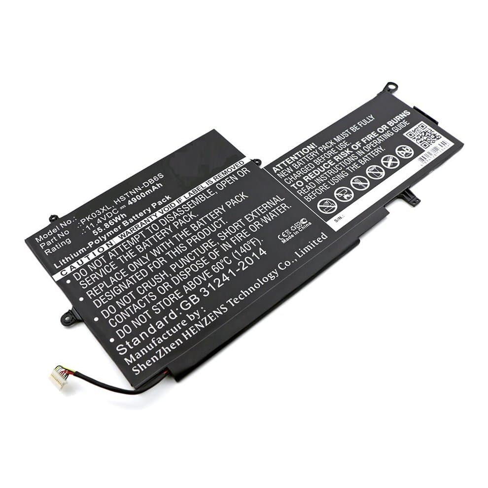 Black lithium-ion laptop battery with printed safety warnings and specifications, featuring a connector on one end and a sleek design for compatibility with various laptops.