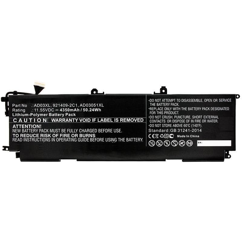 Black lithium-polymer battery with specifications printed, including voltage and capacity, featuring multiple connector points and a caution label regarding safety and warranty.