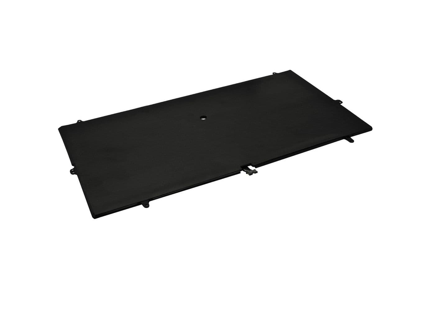 Black rectangular laptop battery with a smooth plastic surface, featuring multiple connection points and a central hole for installation.