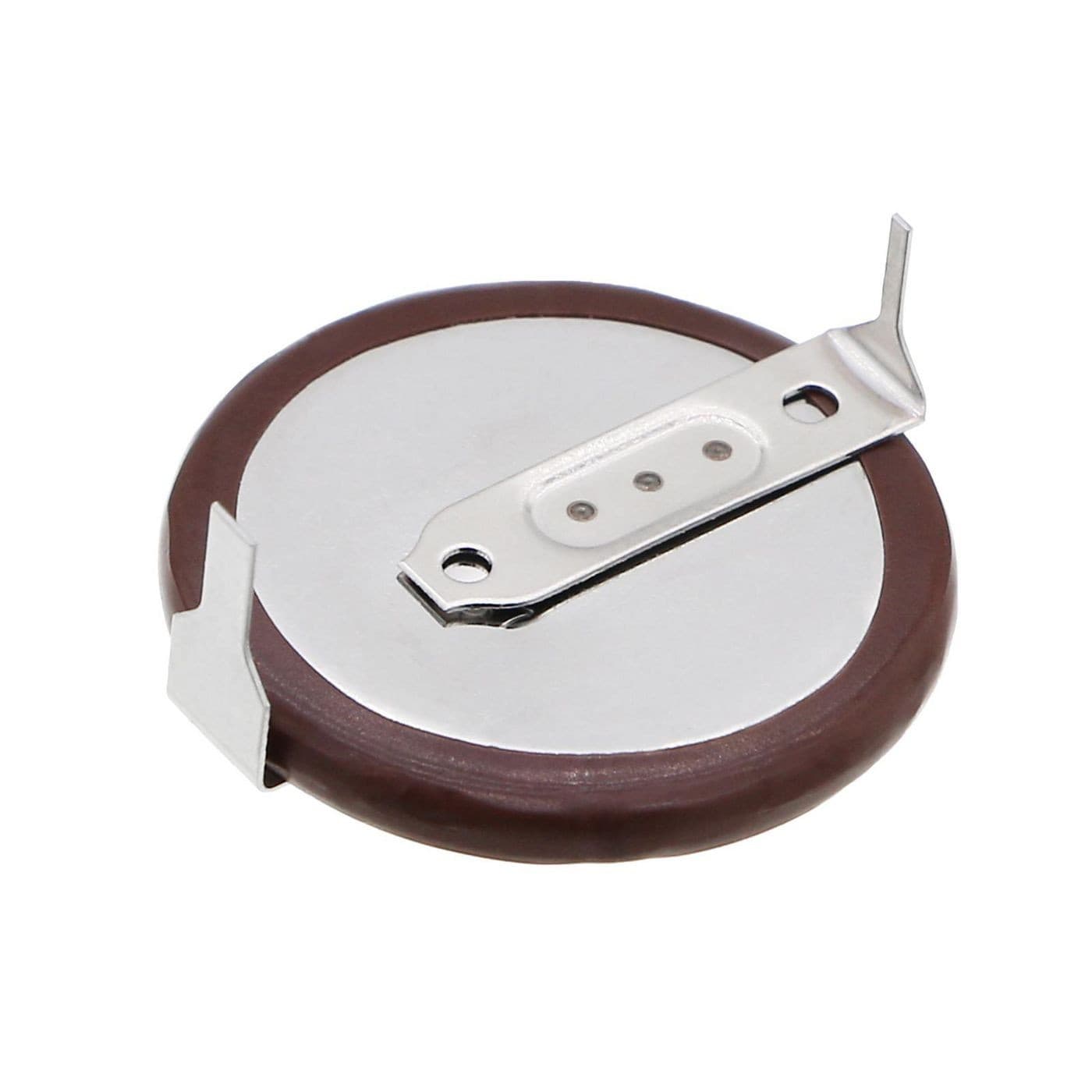 Round remote control accessory featuring a metallic silver top with three holes, surrounded by a brown plastic base and two metal clips for attachment.