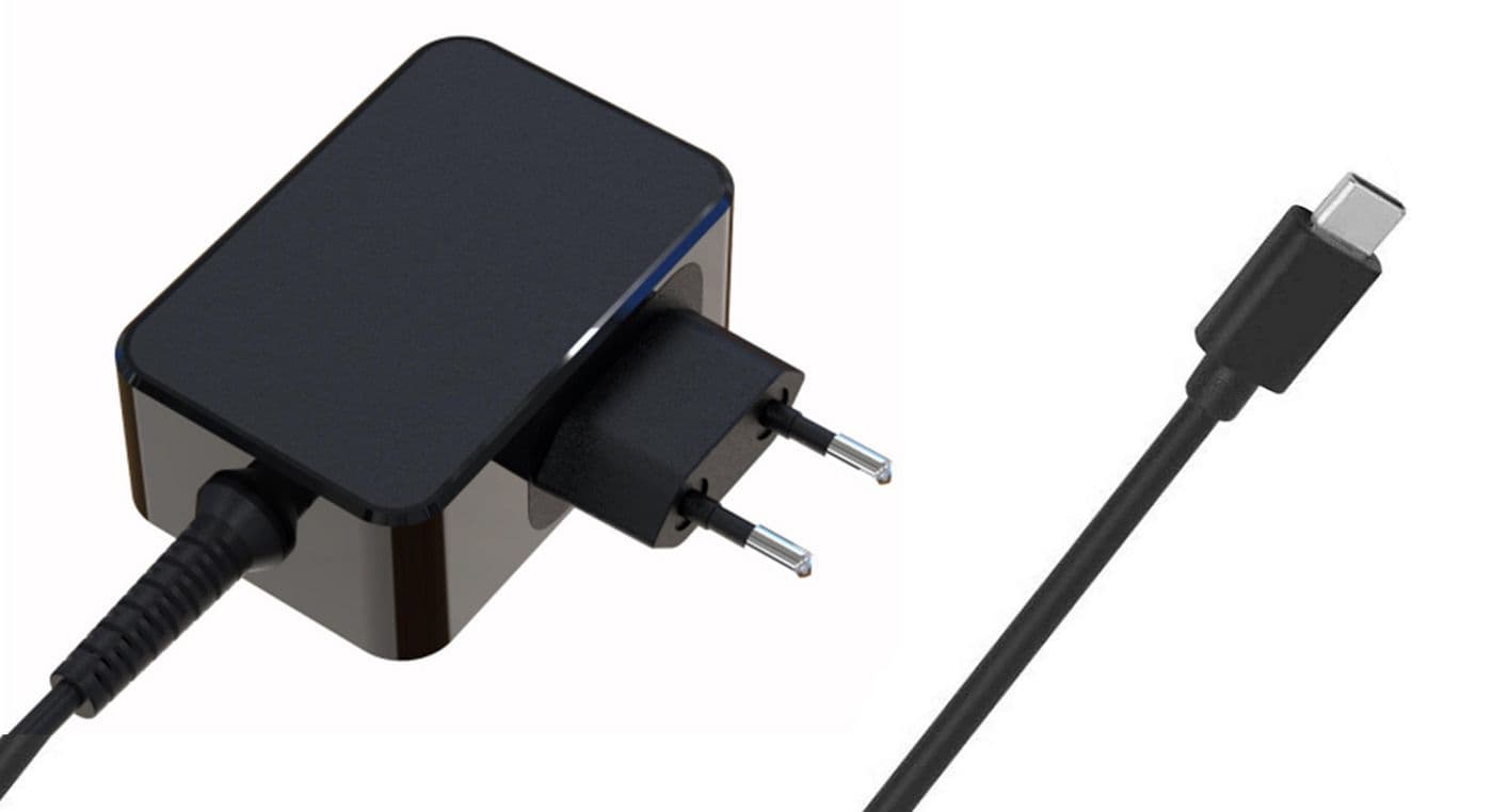 Black AC indoor mobile device charger with a compact design, featuring a two-prong plug and a USB-C cable attached for connectivity.