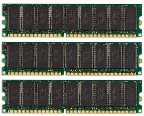 Three green 240-pin DIMM memory modules with black chips, labeled "CoreParts MMD1020/6GB," featuring ECC technology and a total capacity of 6 GB (3 x 2 GB).