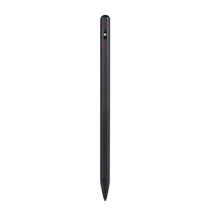 Sleek black stylus pen with a smooth finish, featuring a red accent band and a button near the top for functionality, designed for precision use on touchscreens.