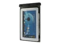 Black sleeve case designed for 10" tablets, featuring a transparent front cover for visibility, durable material, and a secure closure mechanism.