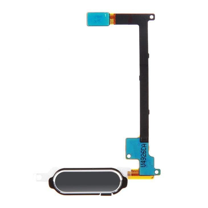 Grey mobile phone home button spare part with a curved oval shape, featuring a black touch surface and flexible connector cables in blue and yellow.