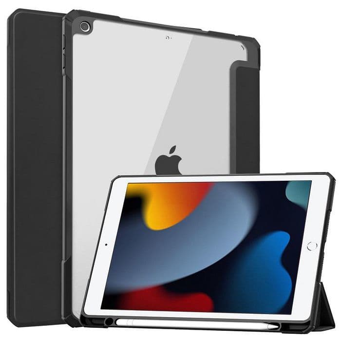 Black folio tablet case for 10.2" devices, featuring a transparent back, durable material, and precise cutouts for ports and buttons.