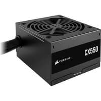 Black Corsair CX550 power supply unit with fan grill and Corsair logo on the side.