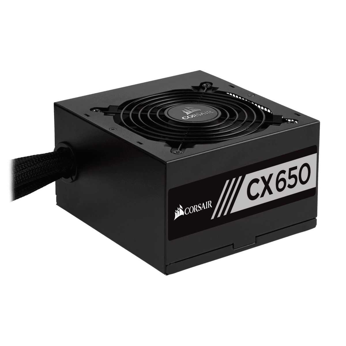 Black Corsair CX650 Power Supply Unit with a 650 W capacity, featuring a 24-pin ATX connector, a sleek design, and a top-mounted cooling fan.