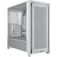 White Corsair FRAME 4000D RS Midi Tower with mesh front panel, tempered glass side, and multiple ventilation slots.