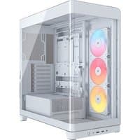 White Corsair gaming PC case with tempered glass, three ARGB fans, and front I/O ports.
