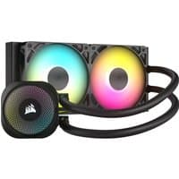 Black Corsair liquid cooler with dual ARGB fans and flexible tubing, featuring Corsair logo on the pump head.