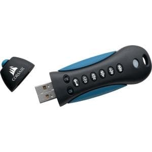 Black and blue Corsair Flash Padlock 64 GB USB 3.0 flash drive with a keypad for security and a removable cap, featuring a sleek, ergonomic design.