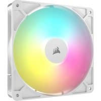 White Corsair RS140 ARGB computer case fan, 14 cm, with multicolor LED lighting and Corsair logo in the center.