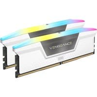 Corsair Vengeance RGB memory module, 32GB DDR5, white with multicolor LED lighting, sleek design, 2 x 16GB sticks.