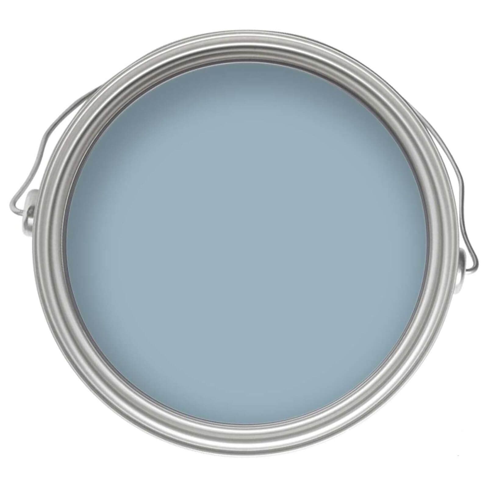 Round metal paint can with a silver lid, showcasing a smooth, low-sheen, light blue eggshell paint labeled "Pompadour" by Craig and Rose, suitable for wood and metal surfaces.