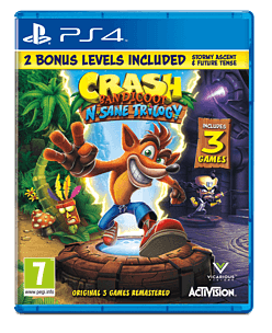 Bright blue PS4 game case featuring "Crash Bandicoot N-Sane Trilogy" title, with colorful artwork of Crash and jungle scenery, and notes about bonus levels and included games.