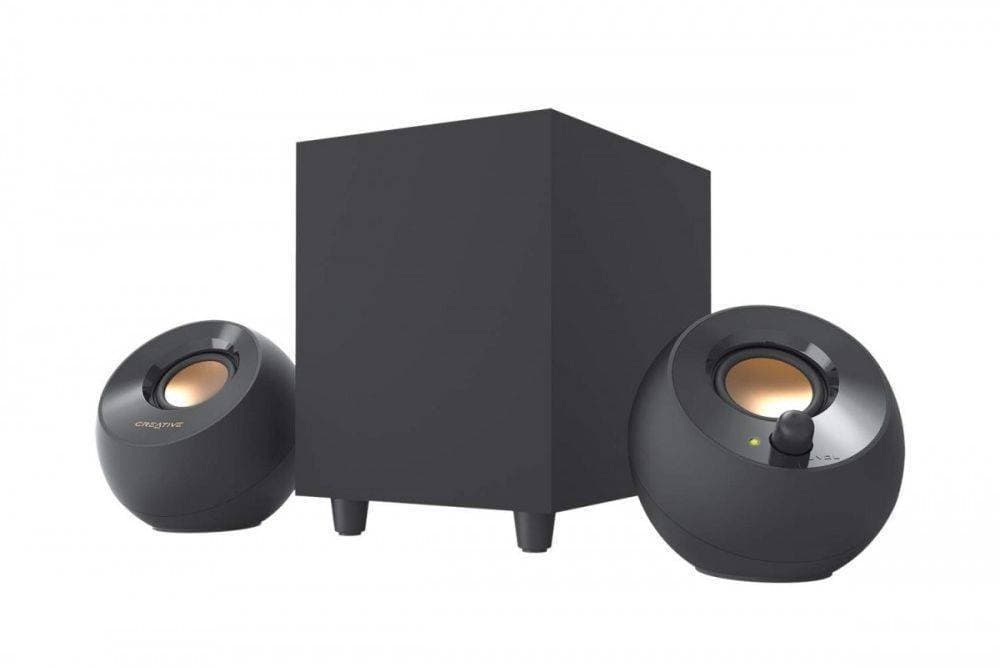 Black 2.1 speaker system featuring two spherical satellite speakers with gold accents and a cube-shaped subwoofer, designed for enhanced audio performance.