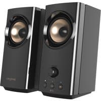 Black Creative T60 speakers with silver accents, featuring a central control knob and wireless connectivity options.
