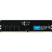 Black Crucial DDR5 memory module, 32 GB, 288-pin, with blue label and gold connectors.
