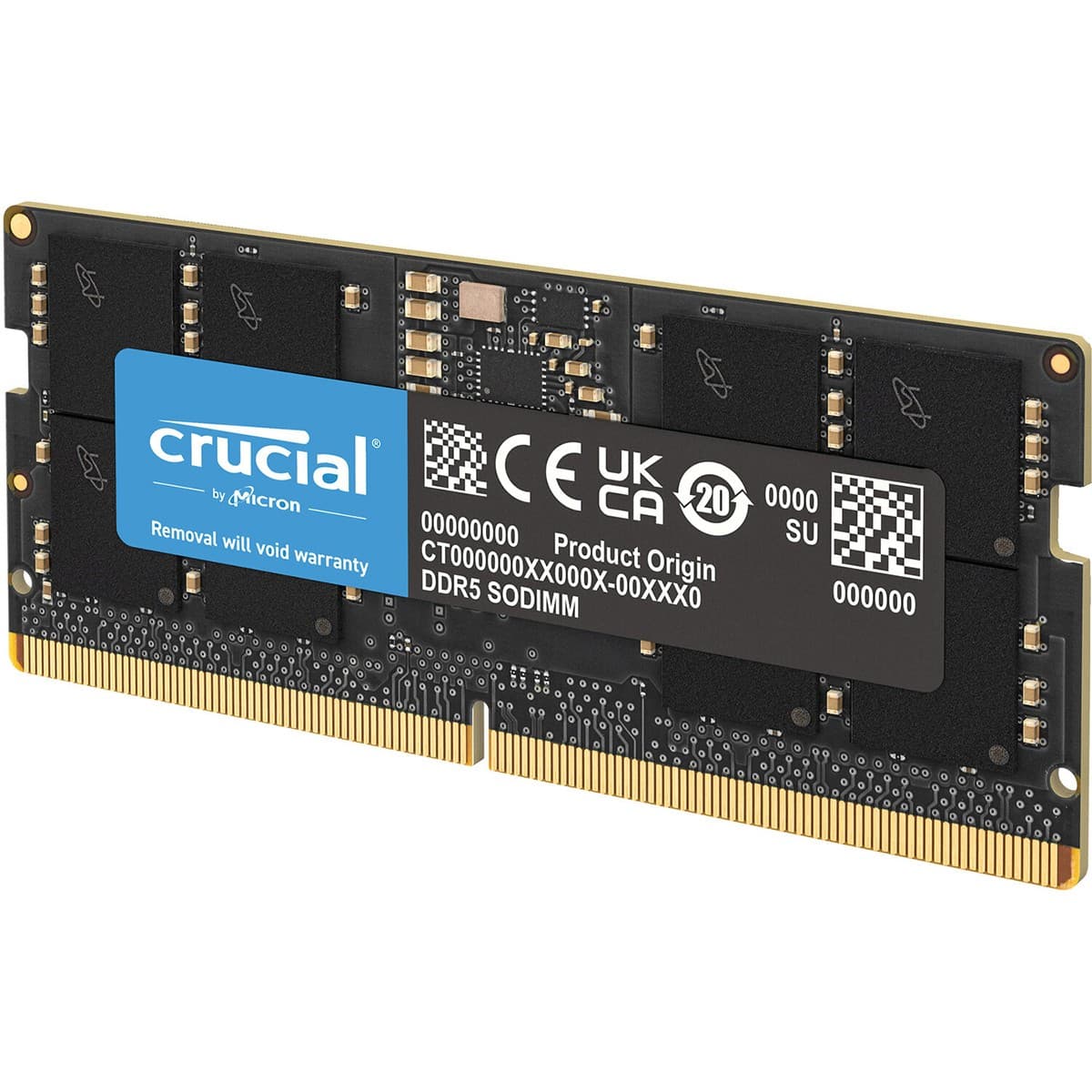 Crucial CT64G56C46S5 memory module in black with gold edges, featuring a single 64 GB DDR5 chip labeled with product information and a barcode.