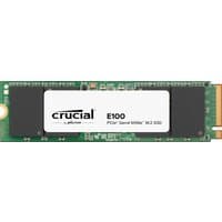 Crucial E100 2 TB M.2 PCIe 4.0 NVMe SSD, green circuit board, white label with black text.