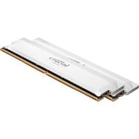 White Crucial Pro memory module, 32 GB DDR5, 2 x 16 GB, sleek design with gold connectors and black accents.