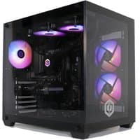 Black CyberPower gaming PC with RGB fans, glass side panel, and illuminated interior components.