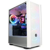 White CyberPower gaming PC with RGB lighting, transparent side panel, and front mesh design.