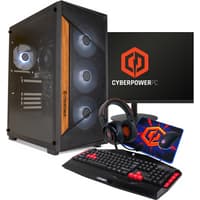 CyberPower Eurus desktop with glass panel, RGB fans, keyboard, mouse, headset, and 23.8-inch monitor.
