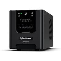 Black CyberPower PR750ELCD UPS with LCD display, control buttons, and vented sides